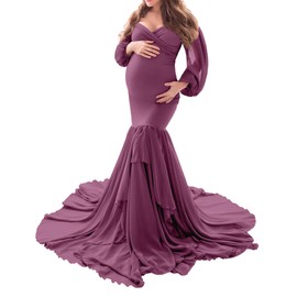 Saslax Long Chiffon Sleeve Tired Mermaid Maternity Dress for Photoshoot Photography Baby Shower Mauve 71 Large