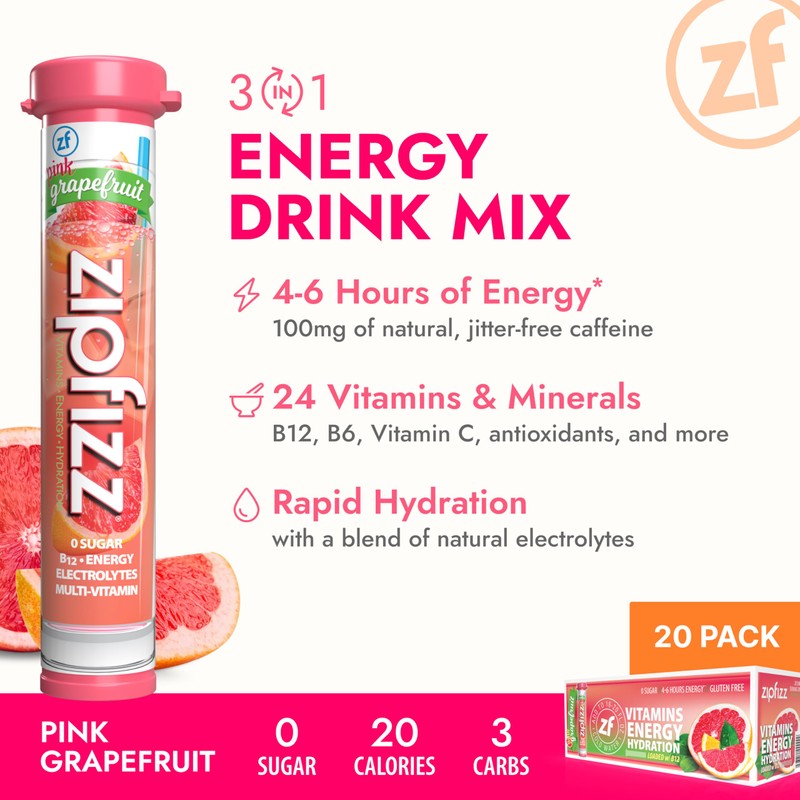 Zipfizz Daily Energy Drink Powder, Pink Grapefruit, 20 Pack |