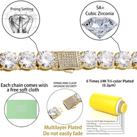 OYOGAA 10MM Tennis Diamonds Chain Necklace 14K Gold Silver Plated 5a+ Cubic Zirconia Full Diamond Sparkle Hip Hop Choker Chain Baguette Necklace For Men Women-Gold 20inch