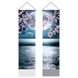 AHANDMAKER 2Pcs Japanese Anime Scenery Tapestry, Ocean Moon Cherry Blossom Vertical Tapestry Wall Hanging, Tassel Wall Aesthetic Tapestry for the Living Room, Wall Art, Wall Decor Entry(45.7x13 Inch)