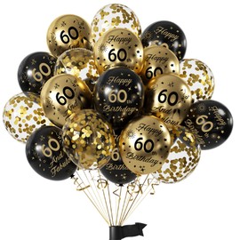 Hongplus Black Gold 60th Birthday Balloons Pack of 15 Men Women Happy 60th Birthday Party Deocorations Supplies Men Women Happy 60th Birthday Ballloons Latex Confetti Balloons 12inch & Ribbon