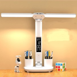 KISUFU Double Head LED Desk Lamp with Clock and Temperature Display, 3 Colour Temperatures, 3200 mAh Eye-Friendly Table Lamp with Pen Holder, Type-C Connection, Touch Control, for Home Office