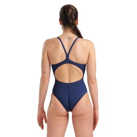 ARENA Women's Standard Performance Marbled Sports Swimsuit Light Drop Back Bathing Suit, Navy/Red Multi