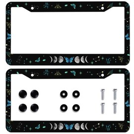 Moon Phases License Plate Frame Waterproof 2 Holes Aluminum Goth Butterfly License Plate Frames for Men Women Universal Car Accessories Decor License Plate Holder 2 Pack 12.3x6.3 in