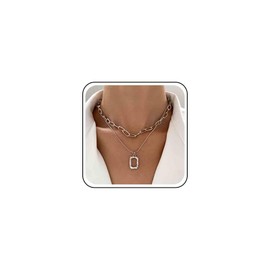 Allereyae Vintage Layered Square Pendant Necklace Hammered Square Necklace Hollow Square Choker Necklace Silver Chunky Paperclip Chain Necklace Jewelry for Women (Silver)