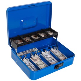 Metal Cantilever Cash Box with Combination Lock, Decaller Large Lock Money Box - 5 Compartments & 4 Spring-loaded Clips for Bills, 11 4/5" x 9 2/5" x 3 1/2"