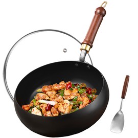 UMETRE Carbon Steel Wok Pan, 9.5" Woks & Stir-Fry Pans with Glass Lid Cookwares, Nonstick Wok Flat Bottom Small Handmade Chinese Wok For for All Stoves