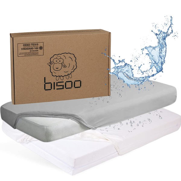 Bisoo Toddler Junior Waterproof Bed Sheets 160 x 70 Fitted / 27x63 in - Set of 2 Fitted Sheet Mattress Protector Made of 100% Jersey Oeko-Tex + PU - Cot Bed & Crib - Soft & Silent - White & Gray