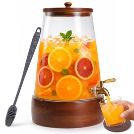 Glass Drink Dispenser with Spigot, 1.72 Gallon, Acacia Wood Stand
