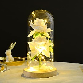Kit de Rosas Flor Artificial Luces LED, Regalos de Rosa de San Valentín para Mujeres, Su Original Base de Madera y Delicada Apariencia Enamorarán a Primera Vista, Un Regalo Muy Especial(Blanco)
