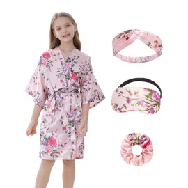 Kids Girls Robes Silky Satin Knee-Length Kimono Robe Set Birthday Spa Bridal Party Flower Girl Blossoms Pattern Lounge Sleepwear (Pink, Tag 12)