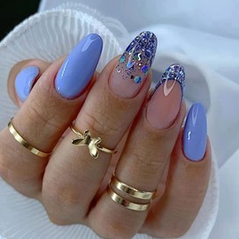 Pack of 24 Almond Nails for Sticking, Medium, Blue French Press On Nails, Artificial Nails, Oval Glitter Acrylic Fingernails, Fake Nails with Design, Summer False Nails for Women and Girls