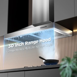Zomagas Range Hood 30 inch, Wall Mount Vent Hood in Stainless Steel, Ducted/Ductless Convertible Duct, Kitchen Hood w/Baffle Filters, 3 Speed Fan, Energy Saving LED Light, Push Button Control