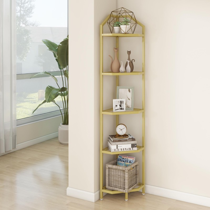 5-Tier Corner Shelf Stand, Gold Corner Bookshelf, Bathroom Storage Rack