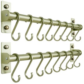 Dseap Kitchen Utensil Holder Hanger, Pot and Pan Rack Wall Mounted, Kitchen Rail with 8 Hooks for Hanging Cooking Utensils, Mugs, Spoons, Wall Mounted,Champagne Color, Pack of 2