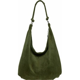 Women Soft Slouch Genuine Italian Suede Light Weight Large Shopper Tote Handbag With Ring Buckle Handle (Dark green)