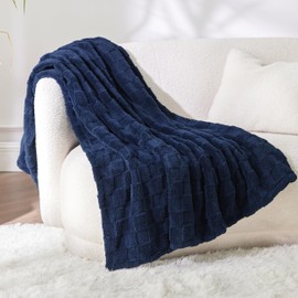 Bedsure Fleece Throw Blanket for Sofa - Soft Checkered Single Blankets for Women, Fluffy Cosy Warm Blanket for Bed, Dark Blue, 130x170 cm