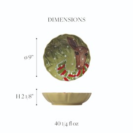 Casafina Ceramic Stoneware Soup & Pasta Bowl - Deer Friends Collection, Green | Microwave & Dishwasher Safe Dinnerware | Food Safe Glazing | Restaurant Quality Tableware
