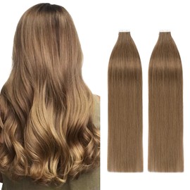 Silk-co 16inch Tape in Hair Extensions 40Pcs Real Human Hair Extension 100g #06 Light Brown Skin Weft Seamless Straight Full Head