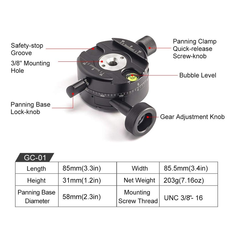 SUNWAYFOTO GC-01 Geared Head Professional Panoramic Tripod Head Geared Head