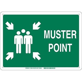Brady 139571 Plastic "Muster Point" Sign, Text and Symbol, 10" H x 14" W, White on Green