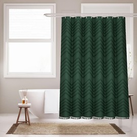 Inhousolu Boho Woven Fabric Shower Curtain, Tufted Textured Chevron Striped Tassel, Modern Farmhouse Minimalist Cloth, Water-repellent Washable Bath Curtain for Bathroom Hotel 72"W x 84"L Dark Green