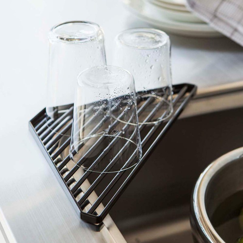 Yamazaki Home Corner Sink Steel | Drainer Tray, Alloy, Black,