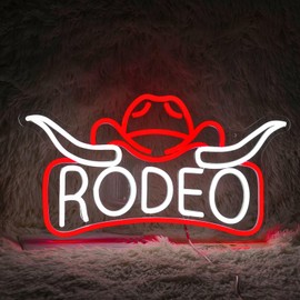 Rodeo Neon Sign, Cowboy Cowgirl Hat Longhorn Led Light, Western Neon Light, Bull Horn Led Sign, Country Living Room Wall Decor, For Adult Boy Bedroom Bar Hotel Party Birthday (16.7 x 9.4 in)