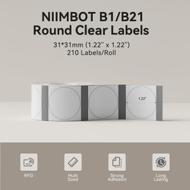 NIIMBOT Label Tape for B1/B21/B3S, 1.2" X 1.2" (31x31mm), 210 Labels/Roll, Round Clear Label for Kitchen Jar/Spice/Barcode/QR Code