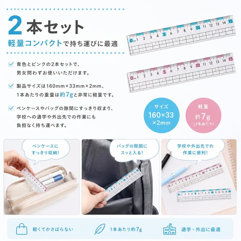 MircTuDou 定規 15cm 2 本セット 小学生 中学生 男女通用 方眼目盛り 波線エッジ