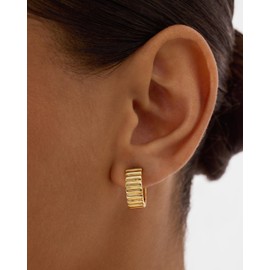 PAVOI 14K Yellow Gold Plated Statement Ridges Ribbed Hoop Earrings for Women | Chunky Croissant Huggie Hoops