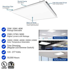 2x2 FT LED Light Flat Panel, 20/30/40W, CCT Selectable 30K | 35K | 40K | 50K | 65K, TRIAC Dimmable Recessed Drop Ceiling Lights, 2500/3750/5000 Lumens, Lay in Fixture, 120V, UL DLC(6 Pack)