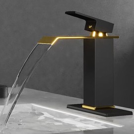 Faucet Waterfall Bathroom Faucets 1 Hole, Matte Black & Shiny Gold Bathroom Sink Faucet