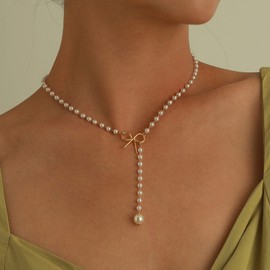 Pearl Necklace Y Lariat Necklace Chain Bow Knot Necklace Choker Pearl Y Drop Necklace Boho Pearl Beaded Necklace Jewelry Gift for Women Girls