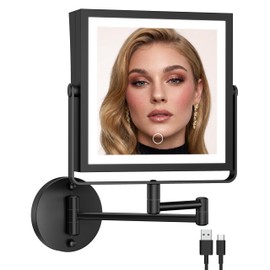 WZKALY Rechargeable Wall Mounted Makeup Mirror with Lights, 4000mAh Double Sided 1X/10X Magnifying Vanity Mirror with 3 Color Lights, Touch Dimmable, 360° Extension Foldable Arm (Matte Black)