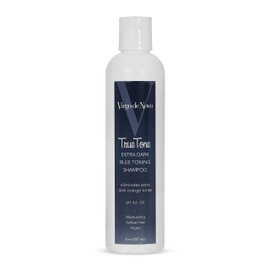 Virgo de Novo Extra Dark Blue Shampoo Tones Stubborn Dark Orange Brassy Tones On Lightened Brunettes While Moisturizing & Delivering Softness & Shine. Vegan & Sulfate Free