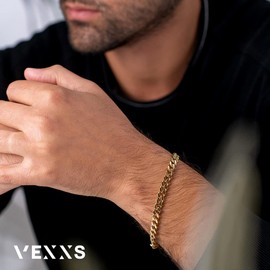VEXXS Men's Bracelet 6 mm, 18 Carat Gold-Plated Bracelet Men's Curb Chain Cuban Bracelet Gold, Men's Curb Bracelet, Cuban Bracelets for Men/Boys, Jewellery Gift, Stainless Steel
