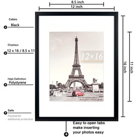 kennethan 12x16 Picture Frame Black 3 Pcs in 1 set 12x16 Frame can Display 8.5x11 inch Picture with Mat or 12x16 inch Picture Without Mat on the Wall