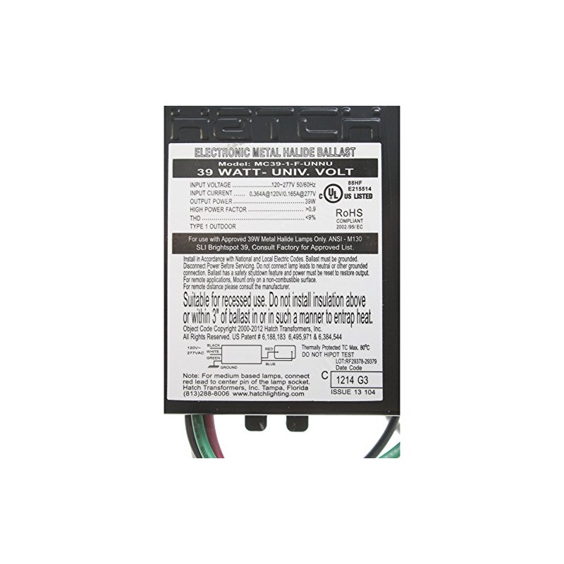 Hatch MC39-1-F-UNNU Electronic Metal Halide Ballast, 39-Watt MH, 120/277V