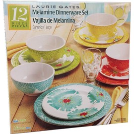 Laurie Gates - 12 Piece Melamine Dinnerware Set (Red, Yellow, Green, Blue)