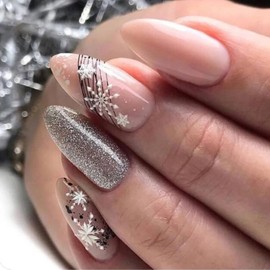 Christmas Press on Nails Almond Shaped Glossy Full Cover Acrylic Medium Length Almond Silver Glitter False Nails with Snowflake Designs Artificial Xmas Fake Nails with Glue ons Fingernails for Women