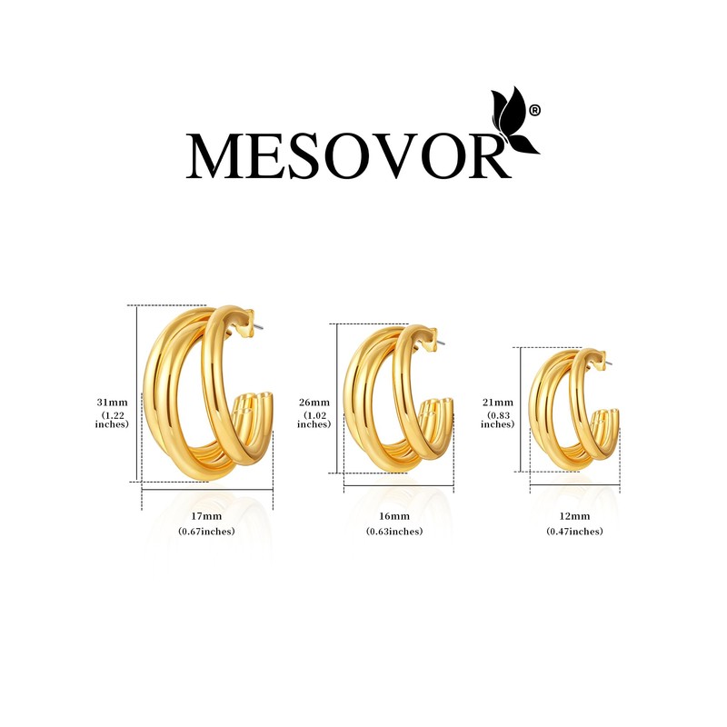 Mesovor Gold Hoop Earrings for Women, 18K Gold-Plated Chunky Triple