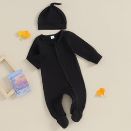 PanLidapan Newborn Baby Rompers Infant Clothes Solid Color Crew Neck Long Sleeve Zipper Fall Bodysuits With Hat Outfit Clothes Set (Black, 3-6 Months)