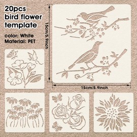 20 Pieces Flower Stencils Bird Floral Stencils for Painting on Wood, Reusable Spring Summer Flowers Stencils Drawing Template DIY Painting Stencils for Crafts Wood Wall Decor (15 x 15 CM)