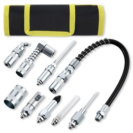 Dreyoo 9 PCS Grease Gun Couplers,Grease Gun Tip Quick Connect Greasing Accessory Kit, Complete Lube kit with 12" Flex Hose & Roll Up Case, Perfect for Quick Release Lube Couplers to Reach Any Fitting