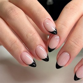 24Pcs Black Press on Nails Medium Length French Tip Fake Nails Stiletto Acrylic False Nails Reusable Glue on Nails Medium Almond Nails Press on Glossy Stick on Nails DIY Art for Women Girls