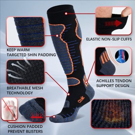 Ozaiic Merino Wool Socks Ski Socks for Men and Women, Breathable Compression Stockings, Thermal Socks, Warm Thick Winter Socks Knee High for Outdoor Sports, Snowboarding, 2 pairs-dark grey/blue/black