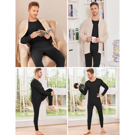 Ekouaer Men Thin Thermal Underwear Set Soft Long Johns Set 2 Pcs Warm Base Layer Top & Bottom for Cold Weather Black M