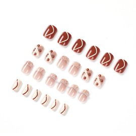 Vezocim Press on Nails Short Length Square Shape 24Pcs Brown French Glue ons Nails Coffin with Pearl Designs Glossy Full Cover Acrylic Short False Nails Fingernails Artificial Fake Nails for Women