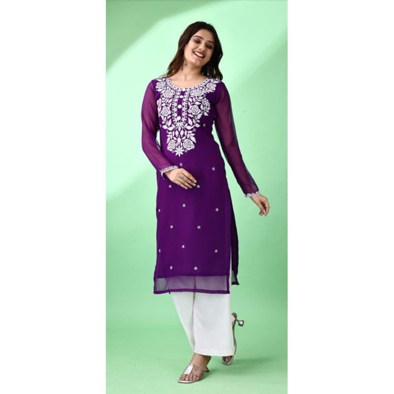 Estationeryhouse Women's Georgette Lucknowi chikankari kurti, Rose Design with Heavy